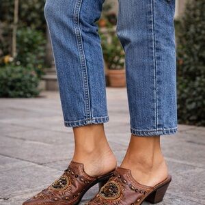 Anne Michelle Embellished Brown Leather Mule Heels Beaded Boho Pointed Size 9